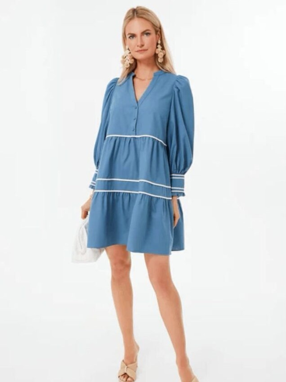 Tuckernuck Pomander Place Tiered Abby Dress – Blue with White Piping, Small